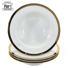 1935725 Pier 1 Imports Gold Band 16oz Rimmed Soup Pasta 8.75 Inch Bowl Set 4pc White Mint