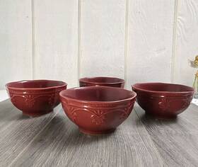 110701.01 Pioneer The Woman Farmhouse Lace Red 4 Pc Pattern Soup Cereal Bowls