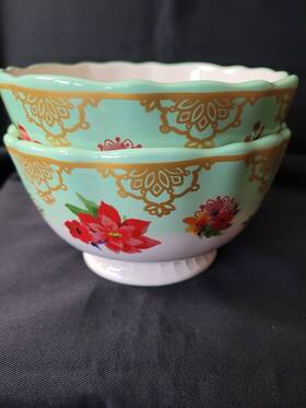 2818dvd Pioneer 2 Woman Stoneware Footed Bowls #2818dvd Floral Design With Gold