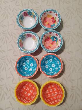 Pioneer 849434017730 8 Woman Yellow Orange Teal Jewel Geometric Dip Bowls Sundae Dish Floral