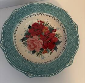 085081 Pioneer Woman The Christmas Cheerful Rose 9.25 Inch Bowl Aqua Blue Scalloped Edge
