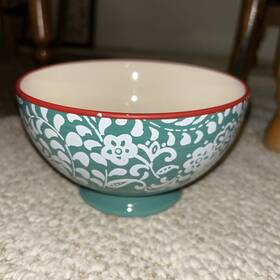 10836432 Pioneer Woman Traveling Vines Flowers Red Rim Teal Soup/cereal Soup Bowl