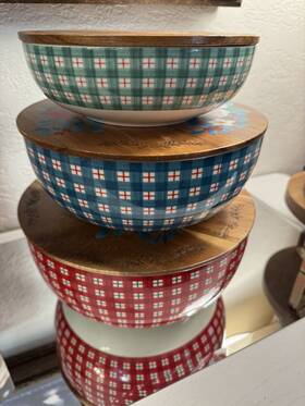 Pioneer Woman 795785576054 3 Gingham Ceramic Nesting Bowl Set Floral Wooden Lids 6pc