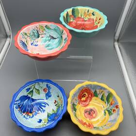 Pioneer Woman 849434030869 The Set Of 4 Melamine Dip/prep Bowls Teal Blue Yellow Floral