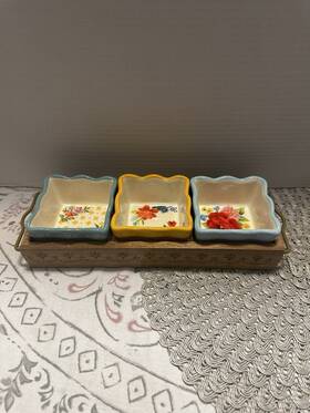 Pwcom3 Pioneer Woman Floral Medley 4pc Stoneware Condiment Acacia Wood Martha Stewart