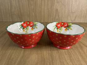 Red6 Pioneer Woman 2 Stoneware Ceramic Bowl Poinsettia Christmas Gold Red 6 Inch