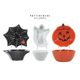 4299483 Pottery Barn Halloween 6 Inch Candy Dish Bowl Set 3pc Spider Web Ghost Pumpkin Mib