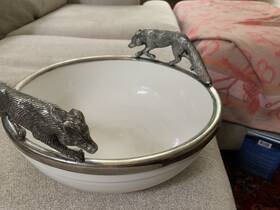 4954442 Pottery Barn Euc Pewter Fox Handles -serving Bowl High Style With No Flaws