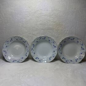 Me113 Premiere Vtg Blue Dawn Soup Bowls Set Of 3 White Floral Scalloped 9 Inch