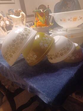 401-404 Pyrex Vtg 4pc Crazy Daisy Set 401 402 403 & 404 Olive Green /white