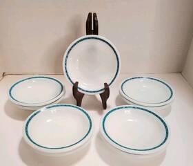 705-35 Pyrex Corning Decor Dinnerware Bowls 9 Turquoise Blue Laurel Leaf Berry 706