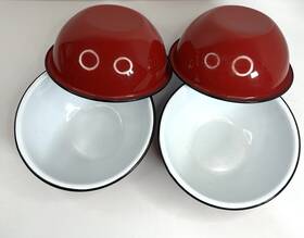 Qm-4922 Red Co. Set Of 4 Enamelware Metal Round Cereal Bowl White Black Rim