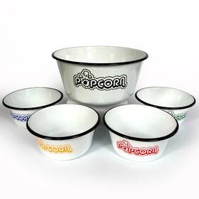 Qm-8126 Red Co. Retro Style Enamelware Metal Popcorn Bowls Set Of 5- Serving Bowl 4 Individual