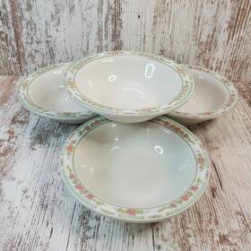 E625-12 Rego 4 Vtg Crown Stoneware Restaurantware Soup Cereal Bowls 6.5 Inch Floral