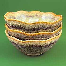 Ririku Rir-ho-002 Ceramic Bowl Set Of 3 Blue Brown Glaze Scalloped 5.5 Inch Ec