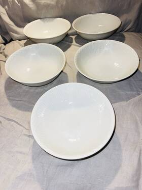 1017288 Royal Copenhagen 5 White Fluted Half Lace Cereal Bowls Perfect Condition