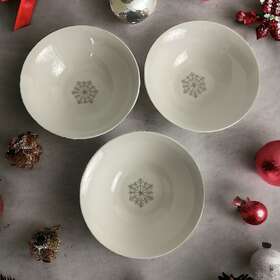 317634 Royal Norfolk 2207 Set Of 3 White Christmas With Silver Snow Flakes Cereal/soup Bowls