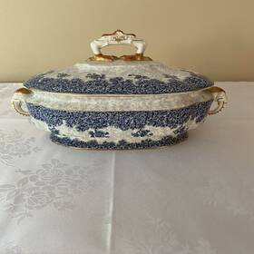 W2297 Royal Worcester 68547 Oval Covered Serving Dish Blue Floral Gold Trim 1890