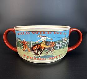 12791 Russ Berrie Wild West Piping Hot Double-handled Chili Soup Bowl Vtg Cowboy