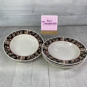 8802 Sango 90s Savoy Royal Majestic Black Tan Stoneware Rim Soup Bowls Set 4