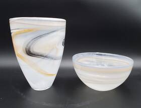 Shiraleah 812944018467 Swirl Alabaster Bowl And Vase Modernist White Gray Art Glass Turkey