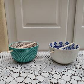 2-signature Signature 06353 Houseware -noodle Bowls -white/blue And Teal/brown Excellent Condition