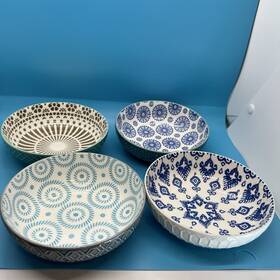 Signature Housewares 020211083876 4 Stoneware 14.5 Oz Bowls Coastal Blue Green Pattern Low