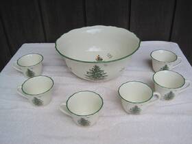 1780040 Spode Christmas Tree 7 Piece Punch Bowl Set 6 Cups