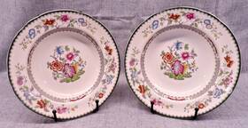 9253 Spode 2/9253 Rimmed Soup Bowls Chinese Rose Large 9 Inch Floral Green Trim Dinnerware Two