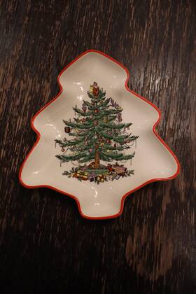 S3324-a1 Spode Vintage Christmas Tree Serving Dish 8 Inch Red Rim Shaped Holiday England