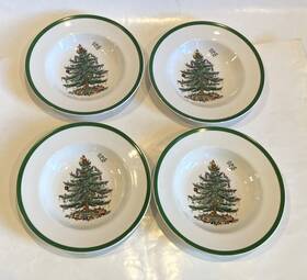 S3324-u Spode Christmas Tree 9 Inch Flat Rimmed Soup Pasta Bowls Set Of 4 England