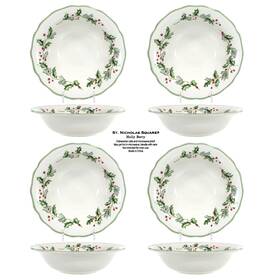 St. Nicholas Square H2293-45b St. Holly Berry 16oz Rim Soup 8 Inch Bowl Set 4 Christmas Scalloped