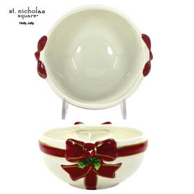 Hj1102 St. Nicholas Square Holly Jolly 10oz Individual Dessert 4.5 Inch Bowl Red Ribbon