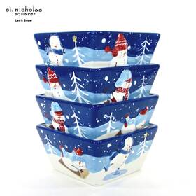 Ls1003 St. Nicholas Square Let It Snow 32oz Cereal 6 Inch Bowl Set 4pc Blue Snowman Family