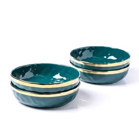 Stone Lain 810074935449 Florian 4-piece Round Pasta Bowl Set Green With Gold Rim