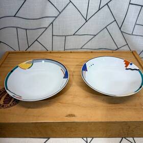 Y0133 Studio Nova Orbit Bowls 8.25 Inch White Normal Wear Memphis Style Geometric 80s 2pc