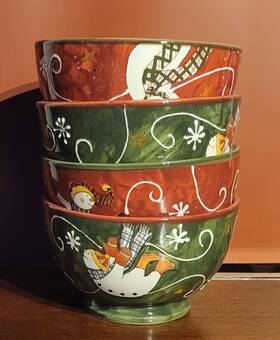 Chr0003 Susan Winget Set Of Four Christmas Cereal Bowls/ Holiday Home Dishes/ Snowman