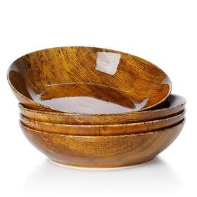 4-wooden Sweese Set Of 4 Woodgrain Pasta Salad Bowls Large Porcelain Dinner 9 1/8 Inch