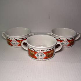 31732 Tabasco For Houston Harvest Vintage Set Of 3 Hot Chili Double Handle Soup Bowls