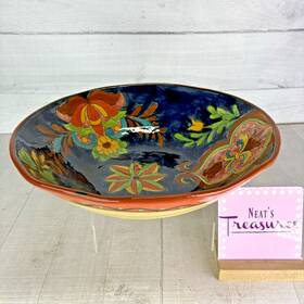 Tav3 Talavera Blue Orange Bright Muticolored Floral Round Pottery Serving Bowl