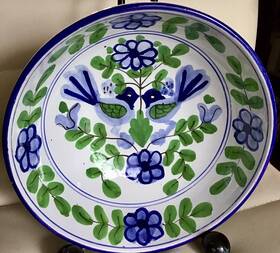 3067246039 Taste Setter Sigma Blue Green And White Stoneware Serving Bowl Birds Flowers