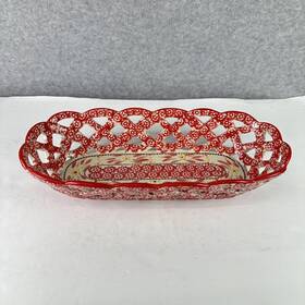 781999 Temp-tations By Tara Old World Red Oval Bread Basket Tray Lattice 14 3/4 Inch Long