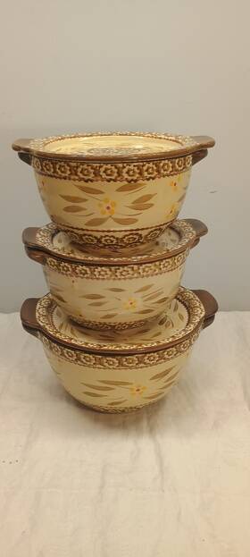 297810 Temptations Old World Brown Mixing Bowls With Lids Set Of 3 1 Quart 1.5 Tan Beige