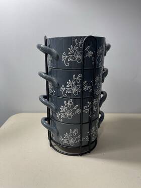 Bt5-444755 Temptations Floral Lace Soup Stack A Bowl Set Grey Metal Rack 22 Oz