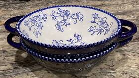 Bt5-539024 Temptations 2 By Tara Blue Floral Lace Round W Handles Soup Bowls 6 5/8 Inch D Chip
