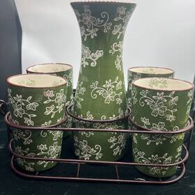 Temptations Kfi-xng-973257 Temp-tations Tara Carafe And Tumblers Serving Set Green Floral Lace