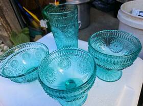 The Pioneer Woman 085081358899 Adeline Aqua 2 Sundae Cup 10oz Rare 16oz Glass 13oz Bowl Lot 4
