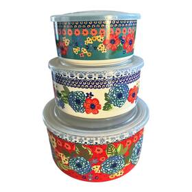 The Pioneer Woman 085081453334 Dazzling Dahlias 3-piece Stoneware Nesting Bowl Set With Lids