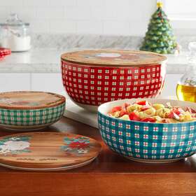 The Pioneer Woman 085081563309 Wishful Winter Ceramic Bowls With Wooden Lids 6 Pieces