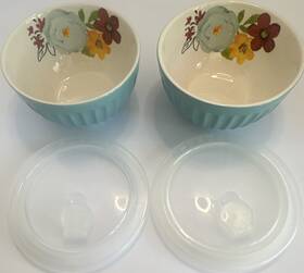 The Pioneer Woman 2190187 Stoneware Floral Bowl Set Of 2 Turquoise White With Lids